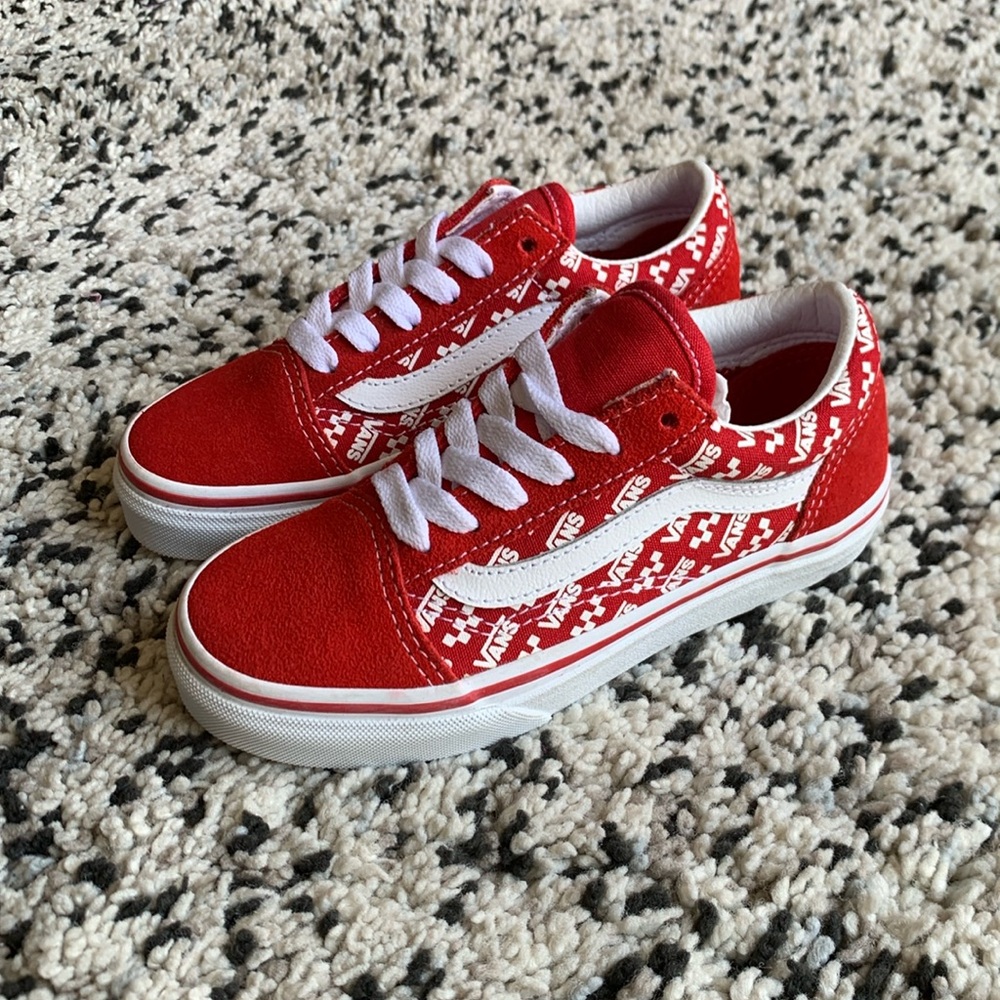 Vans Kids Red White Spellout Logo Sk8 Low Sample Youth Size 13